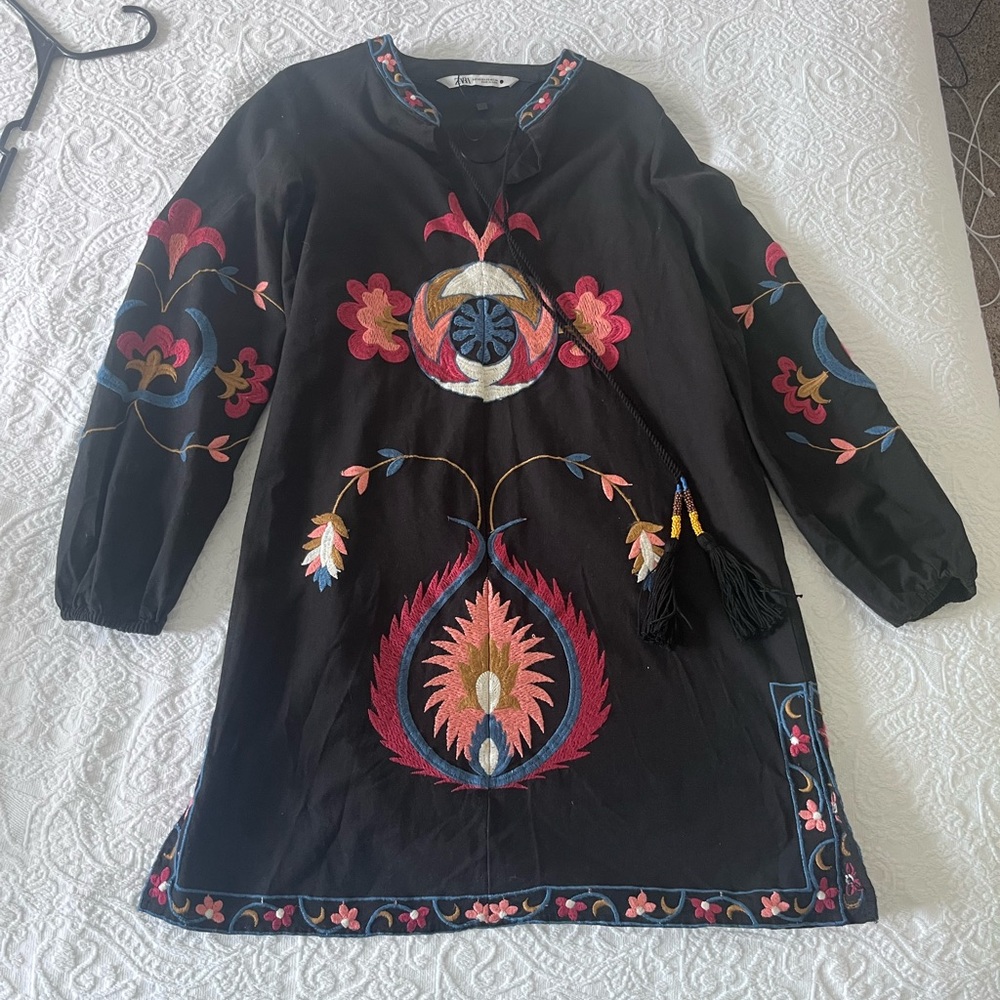 Zara Black Long Sleeve Dress with Colorful Embroidery